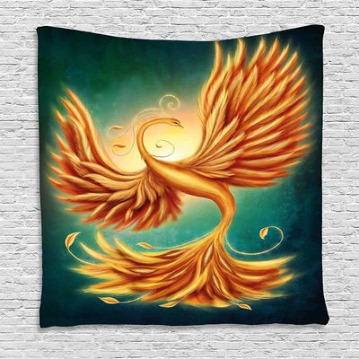 Ambesonne Modern Tapestry, Phoenix Charming Bird Feathers with Alluring Swirls Work of Art, Wall Hanging for Bedroom Living Room Dorm Decor, 60" X 80", Marigold Emerald