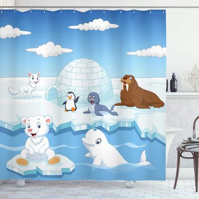 Ambesonne Animal Shower Curtain, Image of Arctics Animals Polar Bears Seal Penguins Wolfs Whales Work of Art, Cloth Fabric Bathroom Decor Set with Hooks, 69" W x 75" L, Sky Blue