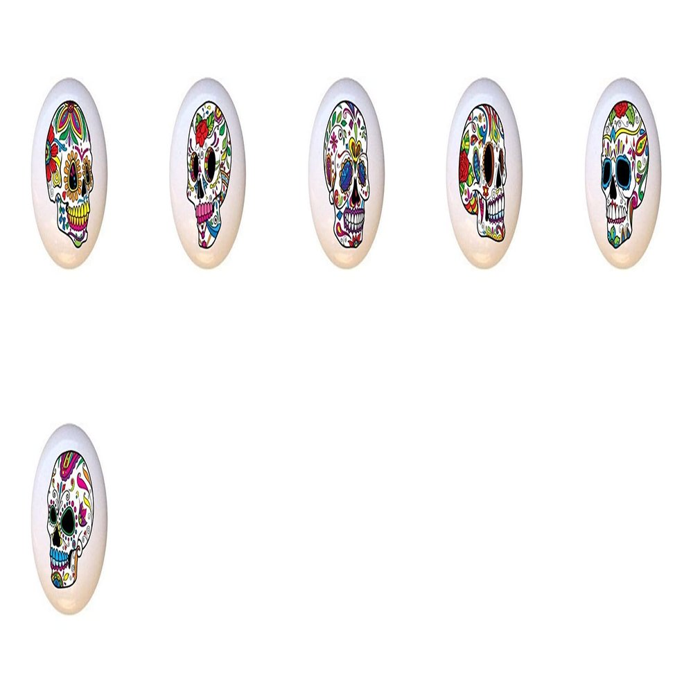 SET OF 6 KNOBS - Skull Set #51291 - Happy Sugar Skulls Skeletons - DECORATIVE Glossy CERAMIC Cupboard Cabinet PULLS Dresser Drawer KNOBS
