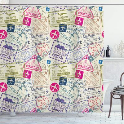 Ambesonne Travel Shower Curtain, Passport and Visa Stamps Illustration of Toronto Hong Kong Berlin Print, Cloth Fabric Bathroom Decor Set with Hooks, 69" W x 84" L, Eggshell and Pink