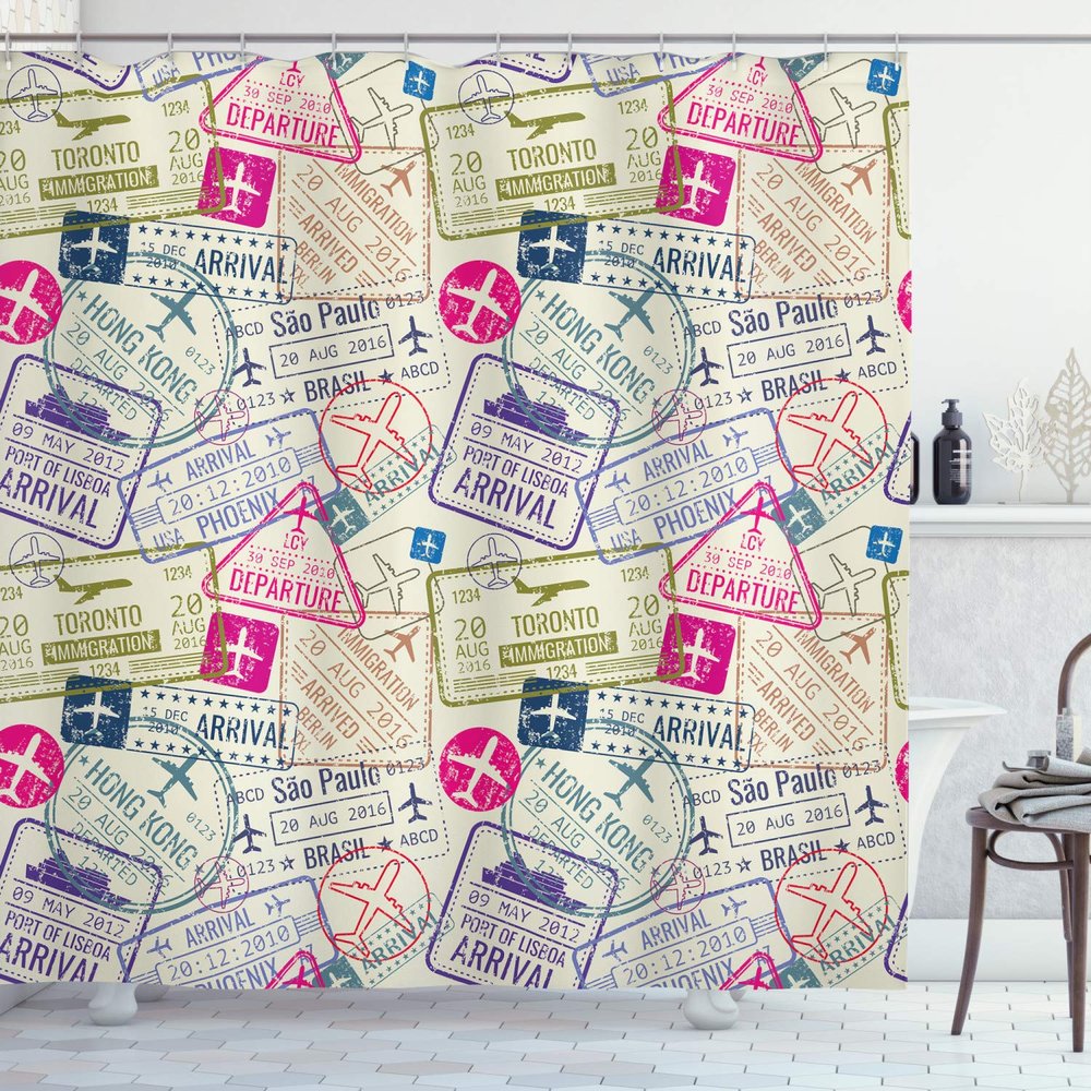 Ambesonne Travel Shower Curtain, Passport and Visa Stamps Illustration of Toronto Hong Kong Berlin Print, Cloth Fabric Bathroom Decor Set with Hooks, 69" W x 84" L, Eggshell and Pink