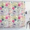 Ambesonne Travel Shower Curtain, Passport and Visa Stamps Illustration of Toronto Hong Kong Berlin Print, Cloth Fabric Bathroom Decor Set with Hooks, 69" W x 84" L, Eggshell and Pink view 1