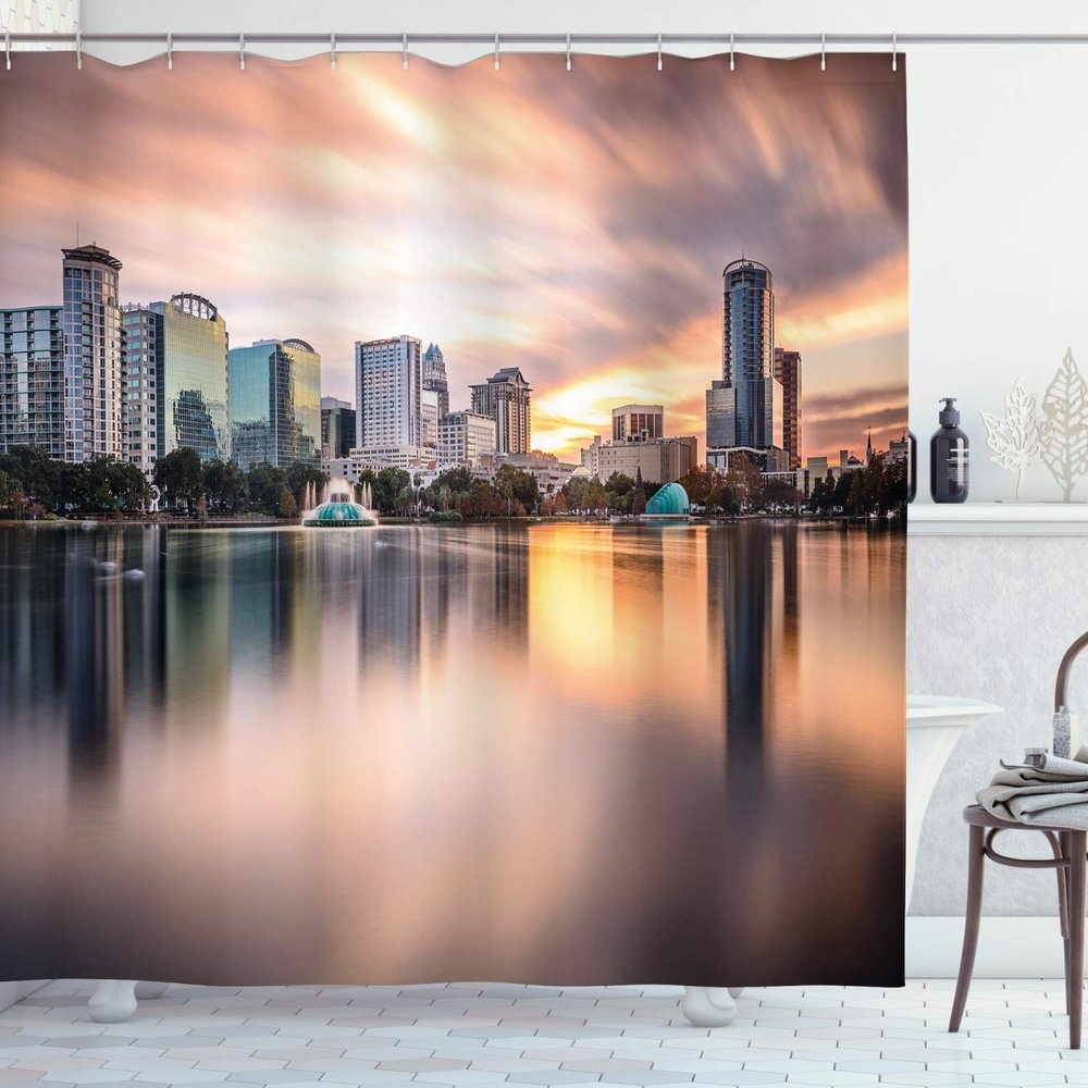 Ambesonne American Shower Curtain, USA Florida Downtown City Skyline View from The Lake Foggy Scenic Panorama, Cloth Fabric Bathroom Decor Set with Hooks, 69" W x 84" L, Teal Peach Grey
