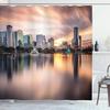 Ambesonne American Shower Curtain, USA Florida Downtown City Skyline View from The Lake Foggy Scenic Panorama, Cloth Fabric Bathroom Decor Set with Hooks, 69" W x 84" L, Teal Peach Grey view 1