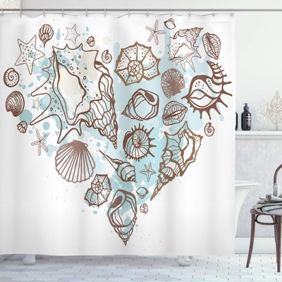 Ambesonne Nautical Shower Curtain, Hand Drawn Seashells Scallop Starfish Whelk Ocean Underwater Life Theme, Cloth Fabric Bathroom Decor Set with Hooks, 69" W x 84" L, Brown Warm Taupe Teal