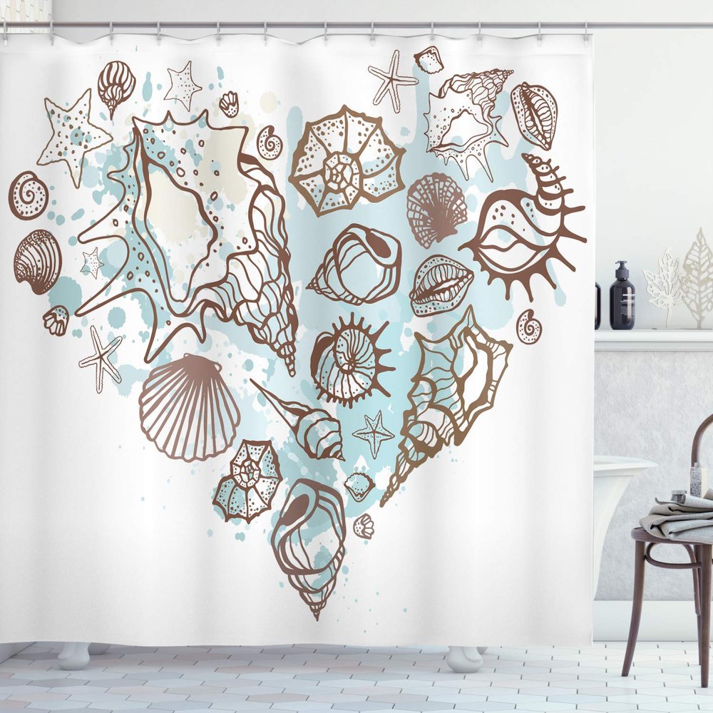 Ambesonne Nautical Shower Curtain, Hand Drawn Seashells Scallop Starfish Whelk Ocean Underwater Life Theme, Cloth Fabric Bathroom Decor Set with Hooks, 69" W x 84" L, Brown Warm Taupe Teal