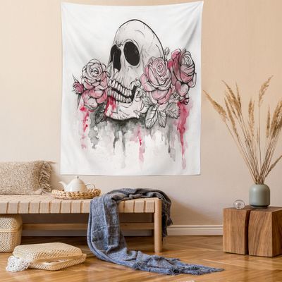 Ambesonne Day of the Dead Tapestry, Print Skull Shape Romantic Roses Celebration Day Print, Wall Hanging for Bedroom Living Room Dorm Decor, 60" X 80", White Pale Pink Black