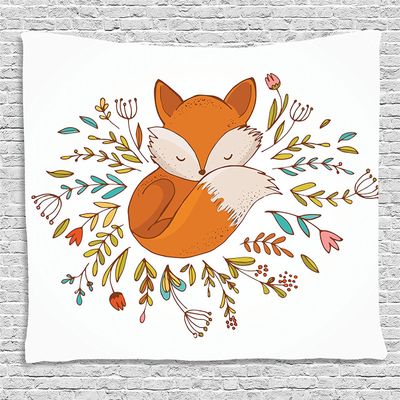 Ambesonne Cartoon Tapestry, Fox Sleeping in a Floral Made Bed Circle Art Print, Wide Wall Hanging for Bedroom Living Room Dorm, 80" X 60", Dark Orange