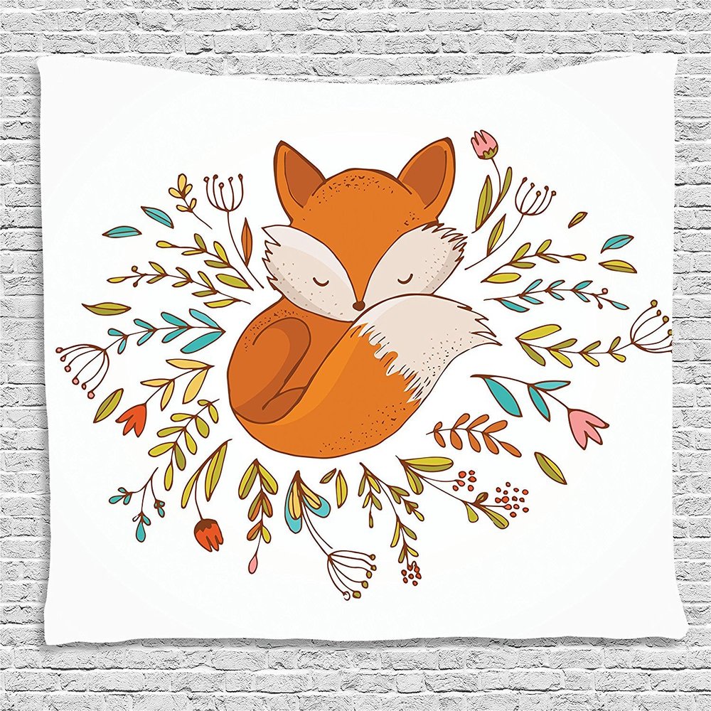 Ambesonne Cartoon Tapestry, Fox Sleeping in a Floral Made Bed Circle Art Print, Wide Wall Hanging for Bedroom Living Room Dorm, 80" X 60", Dark Orange