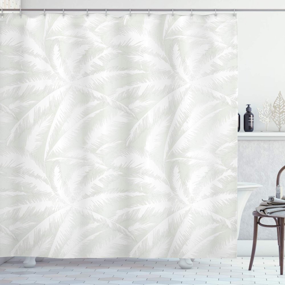 Ambesonne Abstract Shower Curtain, Sketchy Palm Leaves Jungle Foliage Tropical Eco Exotic Branch Design, Cloth Fabric Bathroom Decor Set with Hooks, 69" W x 84" L, White Green