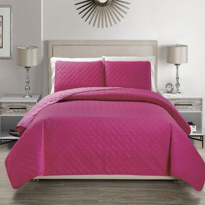 KingLinen Embossed Geometric Reversible Bedspread/Quilt/Coverlet with Sham Set (Hot Pink, King)