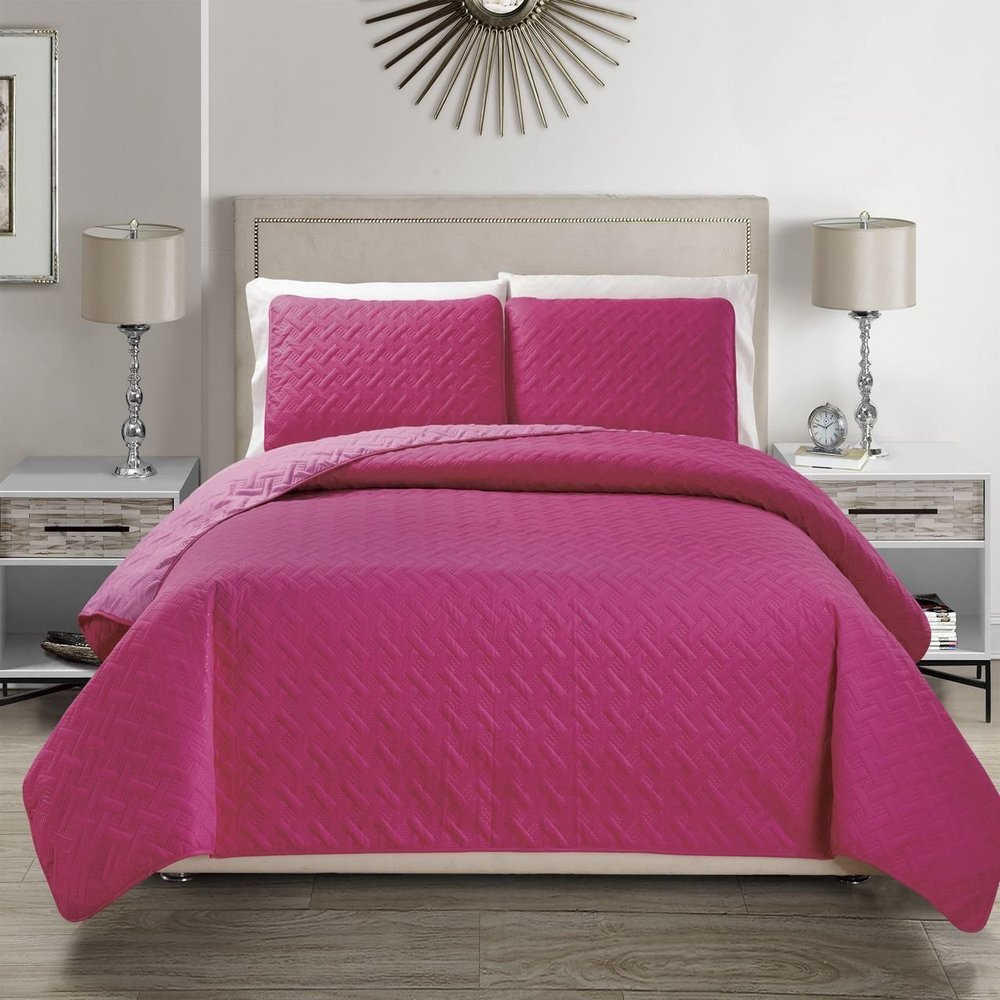 KingLinen Embossed Geometric Reversible Bedspread/Quilt/Coverlet with Sham Set (Hot Pink, King)