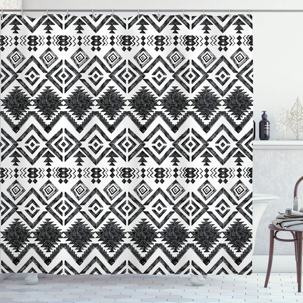 Ambesonne Tribal Shower Curtain, Hand Drawn Style Tribal Pattern Geometric and Oranmental Aztec Design Print, Cloth Fabric Bathroom Decor Set with Hooks, 69" W x 75" L, White and Black