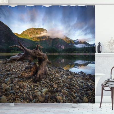 Ambesonne Driftwood Shower Curtain, Landscape of a Mountain Lake and Cloudy Sky Driftwood on Rocky Shoreline, Cloth Fabric Bathroom Decor Set with Hooks, 69" W x 75" L, Blue and Brown