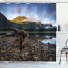 Ambesonne Driftwood Shower Curtain, Landscape of a Mountain Lake and Cloudy Sky Driftwood on Rocky Shoreline, Cloth Fabric Bathroom Decor Set with Hooks, 69" W x 75" L, Blue and Brown view 1