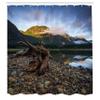 Ambesonne Driftwood Shower Curtain, Landscape of a Mountain Lake and Cloudy Sky Driftwood on Rocky Shoreline, Cloth Fabric Bathroom Decor Set with Hooks, 69" W x 75" L, Blue and Brown view 2