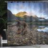 Ambesonne Driftwood Shower Curtain, Landscape of a Mountain Lake and Cloudy Sky Driftwood on Rocky Shoreline, Cloth Fabric Bathroom Decor Set with Hooks, 69" W x 75" L, Blue and Brown view 3