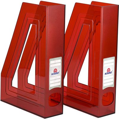 Acrimet Magazine File Holder  Vertical Rack for Documents, Folders and Mail, Durable Plastic Desk Organizer for Office & Home, Clear Red (2 Pack)