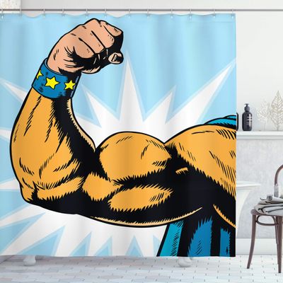 Ambesonne Comics Shower Curtain, Superhero Arm Flexing Muscles Powerful Fiction Character Cartoon Graphic Style, Cloth Fabric Bathroom Decor Set with Hooks, 69" W x 84" L, Marigold Blue
