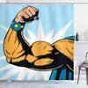 Ambesonne Comics Shower Curtain, Superhero Arm Flexing Muscles Powerful Fiction Character Cartoon Graphic Style, Cloth Fabric Bathroom Decor Set with Hooks, 69" W x 84" L, Marigold Blue view 1