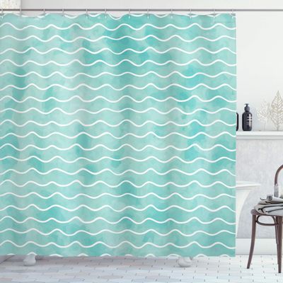 Ambesonne Nautical Shower Curtain, Soft Pastel Colored Ocean Sea Waves Pattern Summer Vibes Inspired Graphic, Cloth Fabric Bathroom Decor Set with Hooks, 69" W x 84" L, Turquoise White