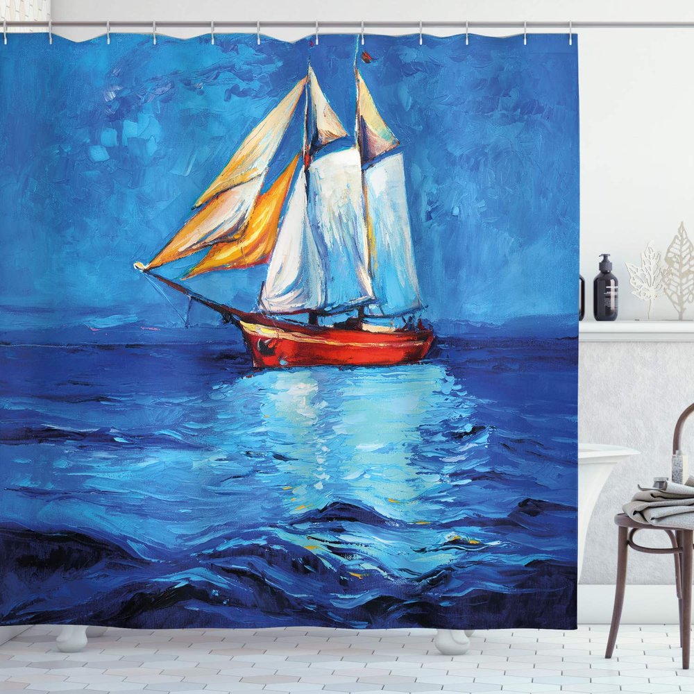 Ambesonne Nautical Shower Curtain, Oil Painting Style Sailing Ship on Horizon Impressionist Art Image Print, Cloth Fabric Bathroom Decor Set with Hooks, 69" W x 70" L, Navy Blue and Blue