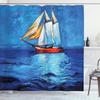 Ambesonne Nautical Shower Curtain, Oil Painting Style Sailing Ship on Horizon Impressionist Art Image Print, Cloth Fabric Bathroom Decor Set with Hooks, 69" W x 70" L, Navy Blue and Blue view 1