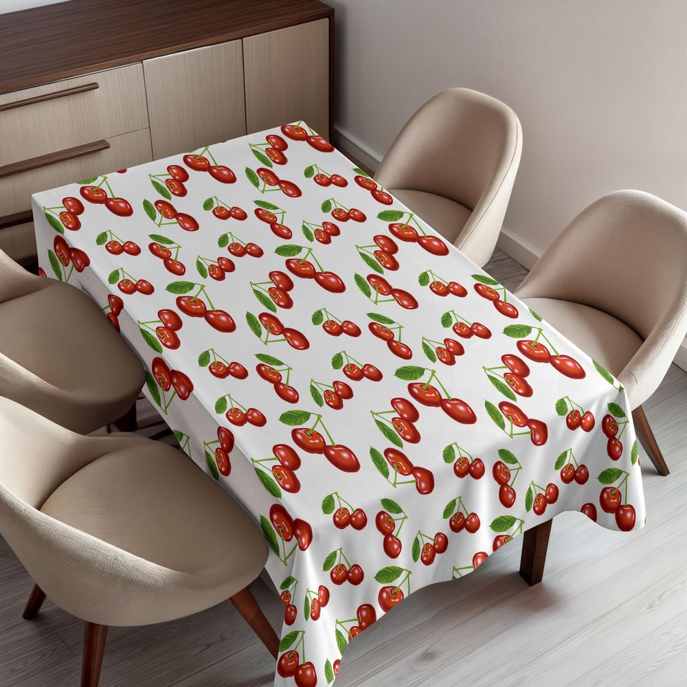 Ambesonne Fruit Tablecloth, Cherry Pattern Design Fresh Berry Fruit Summer Green Garden Macro Digital Print, Dining Room Kitchen Rectangular Table Cover, 52" X 70", Red Green White