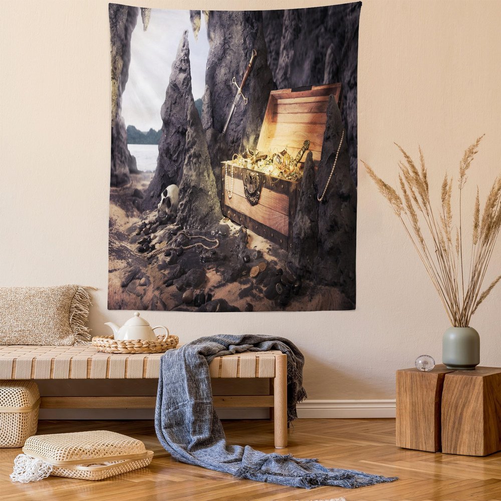 Ambesonne Fantasy Tapestry, Open Treasure Chest with Gold Coins in Cave Pirate Illustration, Wall Hanging for Bedroom Living Room Dorm Decor, 60" X 80", Charcoal Grey Amber