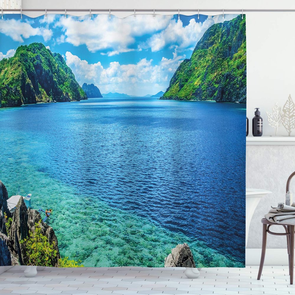 Ambesonne Nature Shower Curtain, Scenic View Sea Bay and Mountain Islands in Palawan Philippines Idyllic Image, Cloth Fabric Bathroom Decor Set with Hooks, 69" W x 84" L, Blue Green White