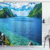 Ambesonne Nature Shower Curtain, Scenic View Sea Bay and Mountain Islands in Palawan Philippines Idyllic Image, Cloth Fabric Bathroom Decor Set with Hooks, 69" W x 84" L, Blue Green White view 1