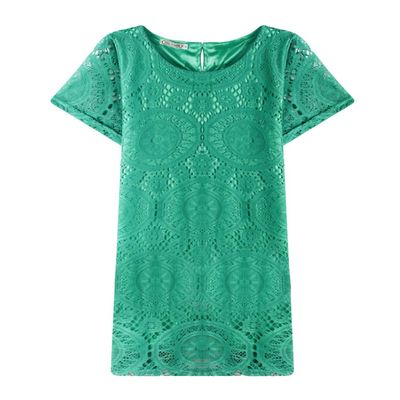 Legou Women's Solid Color Lace Crew Neck Hollow Shift Dress Green XXXL