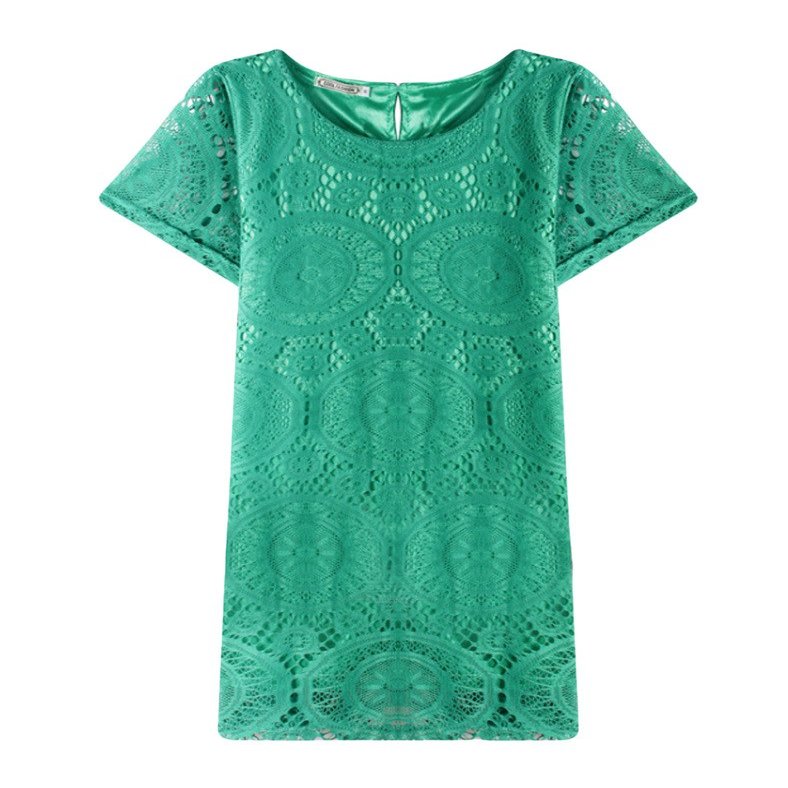 Legou Women's Solid Color Lace Crew Neck Hollow Shift Dress Green XXXL