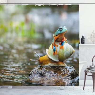 Ambesonne Funny Shower Curtain, Colorful Frog Above The Snail Riverscape Water Rock Mollusks Amphibian Animals, Cloth Fabric Bathroom Decor Set with Hooks, 69" W x 84" L, Multicolor Earth Yellow