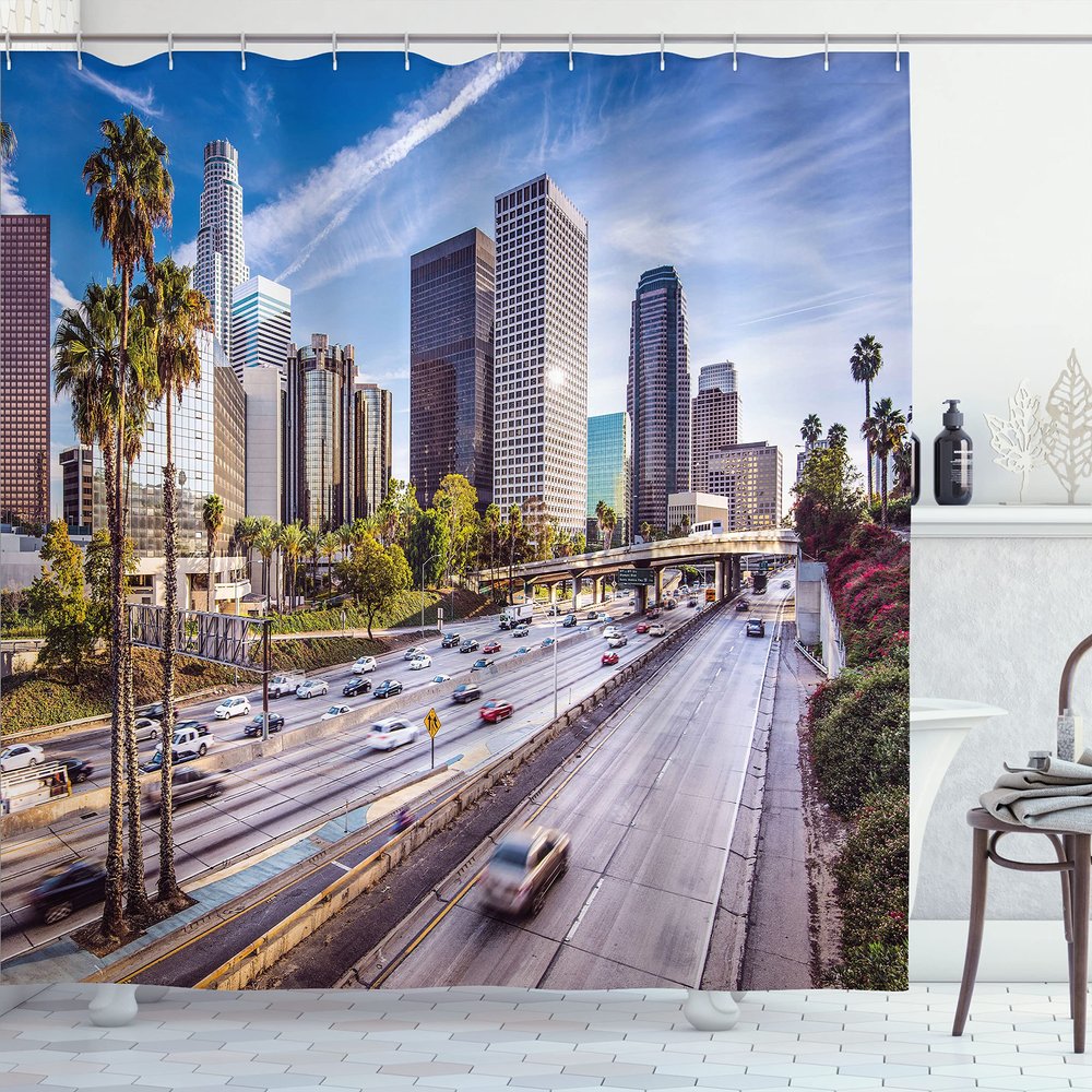 Ambesonne Travel Shower Curtain, Downtown Cityscape of Los Angeles California USA Avenue Buildings Palms Print, Cloth Fabric Bathroom Decor Set with Hooks, 69" W x 84" L, Blue Grey Green