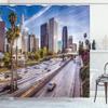 Ambesonne Travel Shower Curtain, Downtown Cityscape of Los Angeles California USA Avenue Buildings Palms Print, Cloth Fabric Bathroom Decor Set with Hooks, 69" W x 84" L, Blue Grey Green view 1