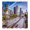 Ambesonne Travel Shower Curtain, Downtown Cityscape of Los Angeles California USA Avenue Buildings Palms Print, Cloth Fabric Bathroom Decor Set with Hooks, 69" W x 84" L, Blue Grey Green view 2
