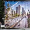 Ambesonne Travel Shower Curtain, Downtown Cityscape of Los Angeles California USA Avenue Buildings Palms Print, Cloth Fabric Bathroom Decor Set with Hooks, 69" W x 84" L, Blue Grey Green view 3