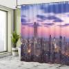Ambesonne Modern Shower Curtain, City Sunset Coast of Big Town Dramatic Sky View with Skyscrapers Print, Cloth Fabric Bathroom Decor Set with Hooks, 69" W x 70" L, Dried Rose Pink Blue view 4