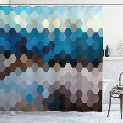 Ambesonne Geometric Shower Curtain, Modern Hexagonal Fractal Game Defocus Blurry Winter Landscape, Cloth Fabric Bathroom Decor Set with Hooks, 69" W x 70" L, Multicolor Slate Blue