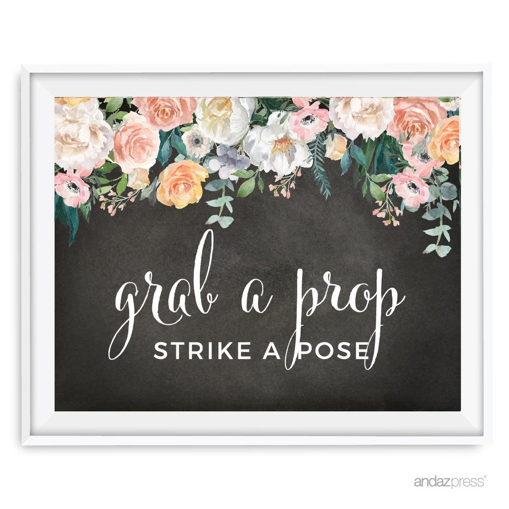 Andaz Press Peach Chalkboard Floral Garden Party Wedding Collection, Party Signs, Grab a Prop & Strike a Pose Photobooth Sign, 8.5x11-inch, 1-Pack