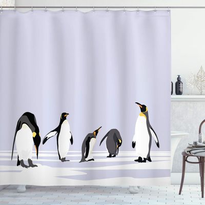 Ambesonne Animal Shower Curtain, Penguins on Polar ICY Land Winter Climate Arctic Cold Season Creatures Print, Cloth Fabric Bathroom Decor Set with Hooks, 69" W x 84" L, White Lilac