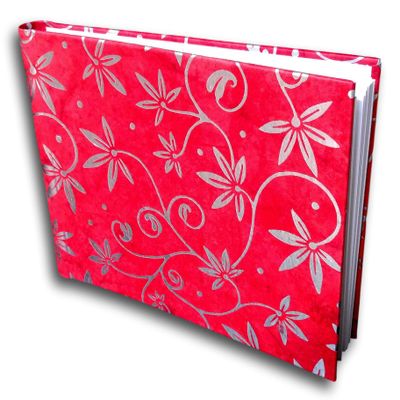 Handmade Recycled Paper Book - Journal, wedding guest book, scrapbook, photo album - 9x7 Inches (Red Silver)