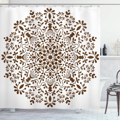 Ambesonne Mandala Shower Curtain, Abstract Art Style Vector Illustration of Mandala Flower on White Background, Cloth Fabric Bathroom Decor Set with Hooks, 69" W x 70" L, Brown and White