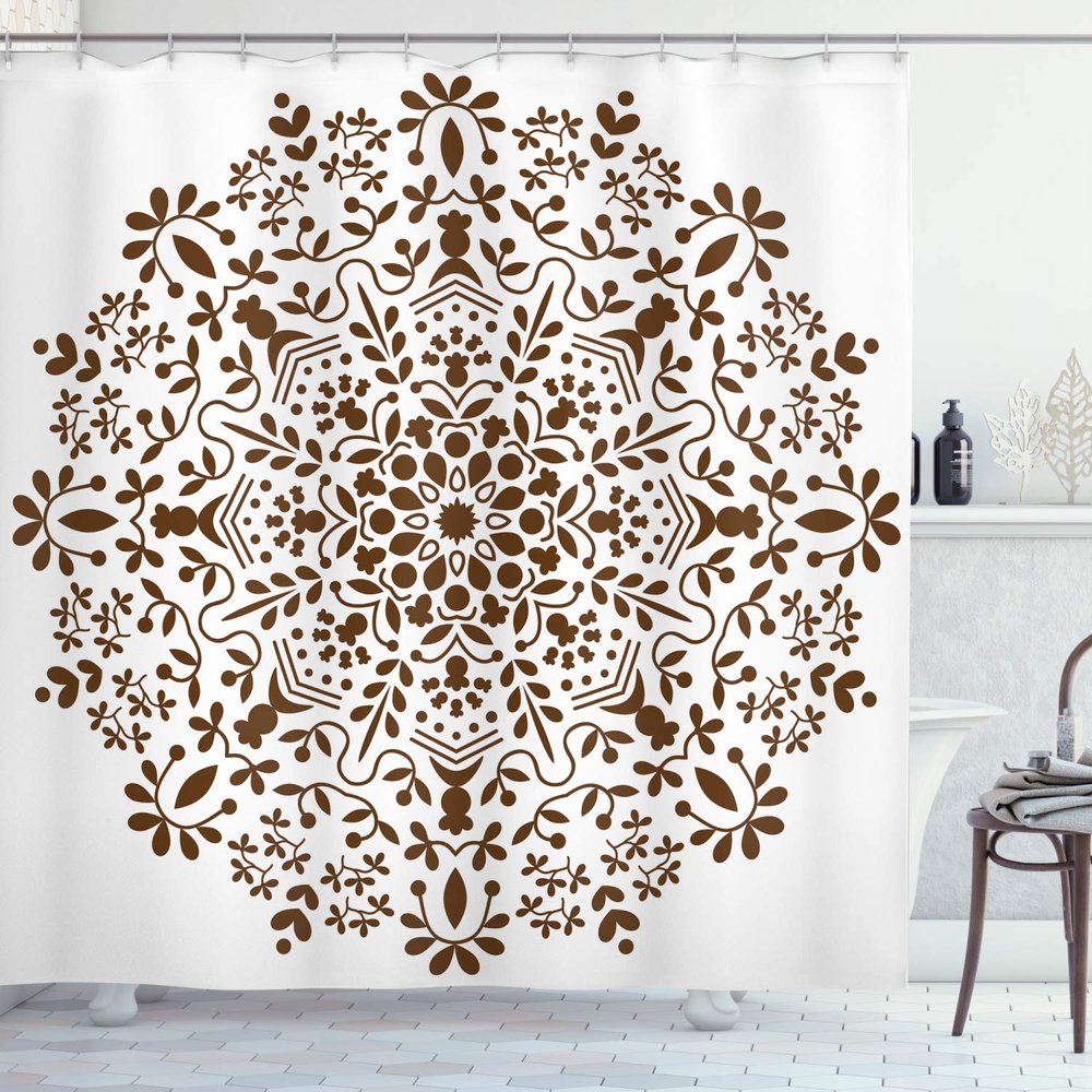 Ambesonne Mandala Shower Curtain, Abstract Art Style Vector Illustration of Mandala Flower on White Background, Cloth Fabric Bathroom Decor Set with Hooks, 69" W x 70" L, Brown and White