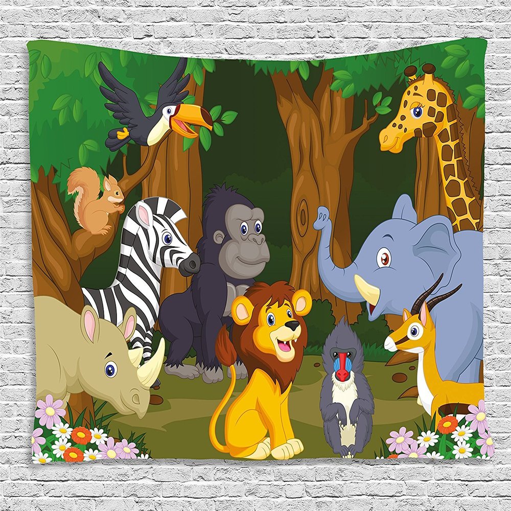 Ambesonne Animal Tapestry, Cartoon Style Gazelle Giraffe Gorilla Lion Animals Illustration, Wide Wall Hanging for Bedroom Living Room Dorm, 60" X 40", Brown Green