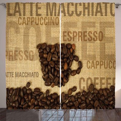 Ambesonne Coffee Curtains, Beans Shaped in Mug and Types Letterings Art Print, Living Room Bedroom Window Drapes 2 Panel Set, 108" X 96", Coffee Brown