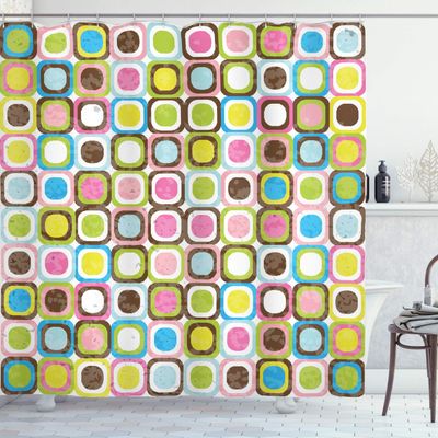 Ambesonne Retro Shower Curtain, Abstract Grunge Background with Geometric Cubes Inner Circles Graphic Design, Cloth Fabric Bathroom Decor Set with Hooks, 69" W x 75" L, Multicolor White