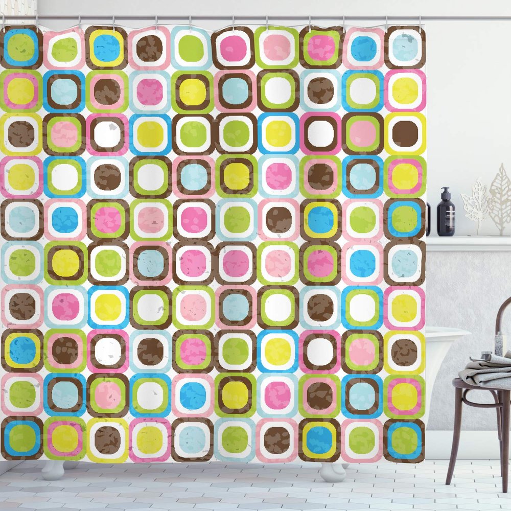 Ambesonne Retro Shower Curtain, Abstract Grunge Background with Geometric Cubes Inner Circles Graphic Design, Cloth Fabric Bathroom Decor Set with Hooks, 69" W x 75" L, Multicolor White