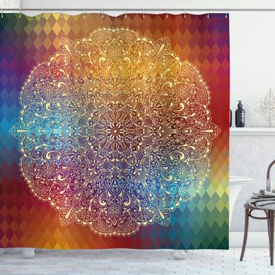Ambesonne Abstract Shower Curtain, Highly Detailed Floral Oriental Pattern on Geometric Colorful Background Art, Cloth Fabric Bathroom Decor Set with Hooks, 69" W x 84" L, Multicolor Cream